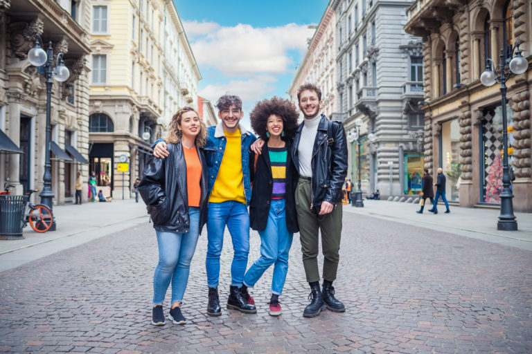 Group of diverse multithnic friends schoolmate or tourist outdoo